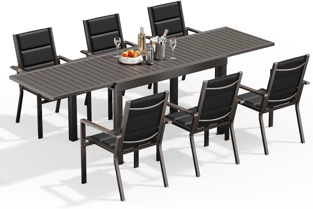 6 Persone Set Tavolo e Sedie Da Giardino In Alluminio, 6 Sedie Impilabili e 1 80-160CM Tavolo Da Giardino Allungabile In Alluminio, Set Da Giardino Esterno, Marrone