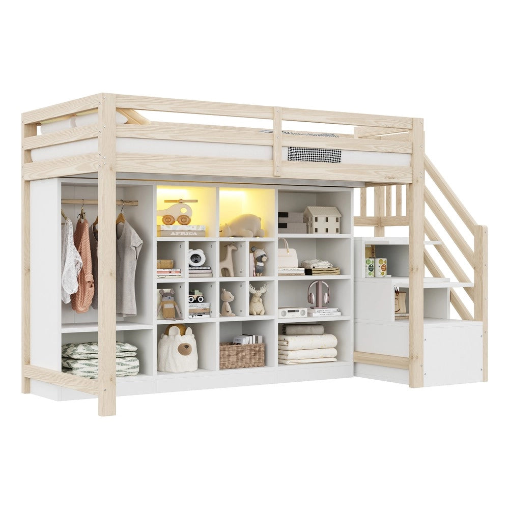 Letto a Soppalco con Armadio, Cassetti, LED e Scala ¨C Xylo ¨C 90x200, Legno