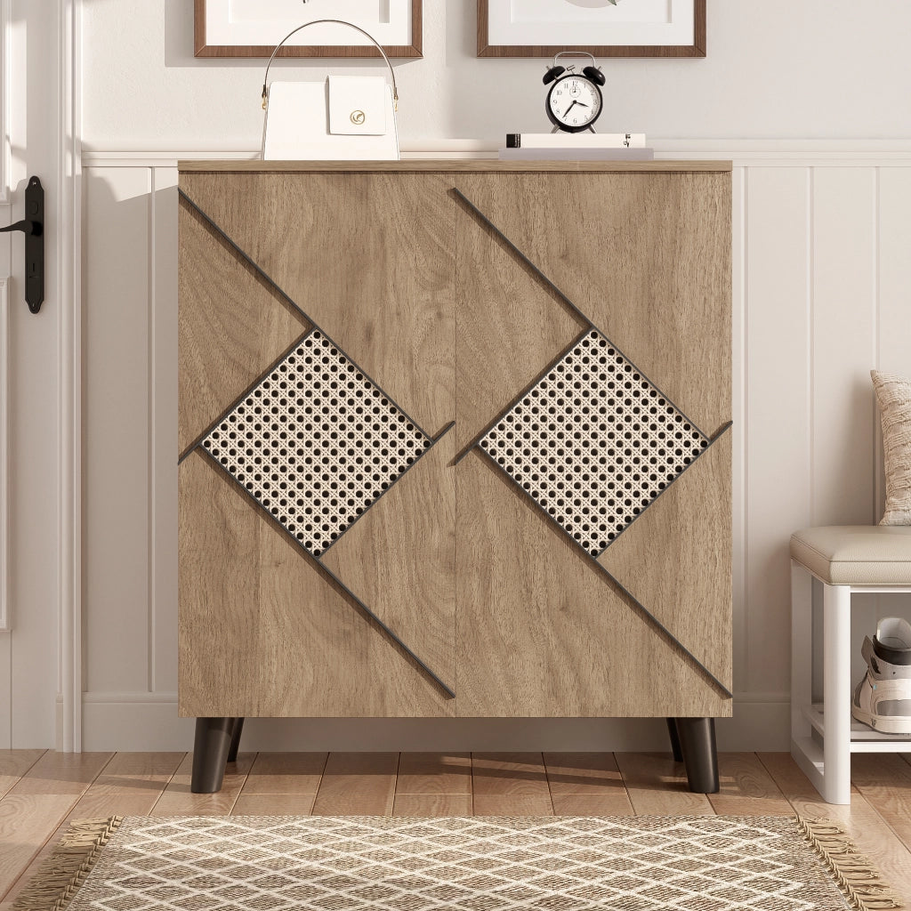 Mobile portascarpe con 2 Ante e ripiani; motivo decorativo effetto rattan per Ingresso; in pannello truciolare; 80×31×91 cm; Legno