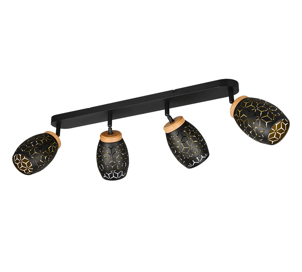 Barra 4 spots, metallo, nero e legno, L 74 cm, Bidar