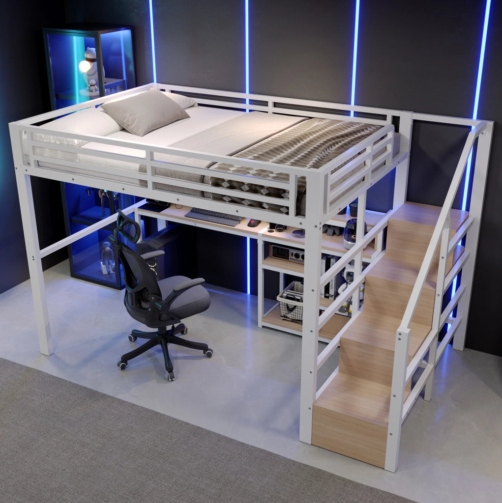 Letto a soppalco 140x200 cm in metallo e MDF; con scala armadio; LED e porte USB; bianco