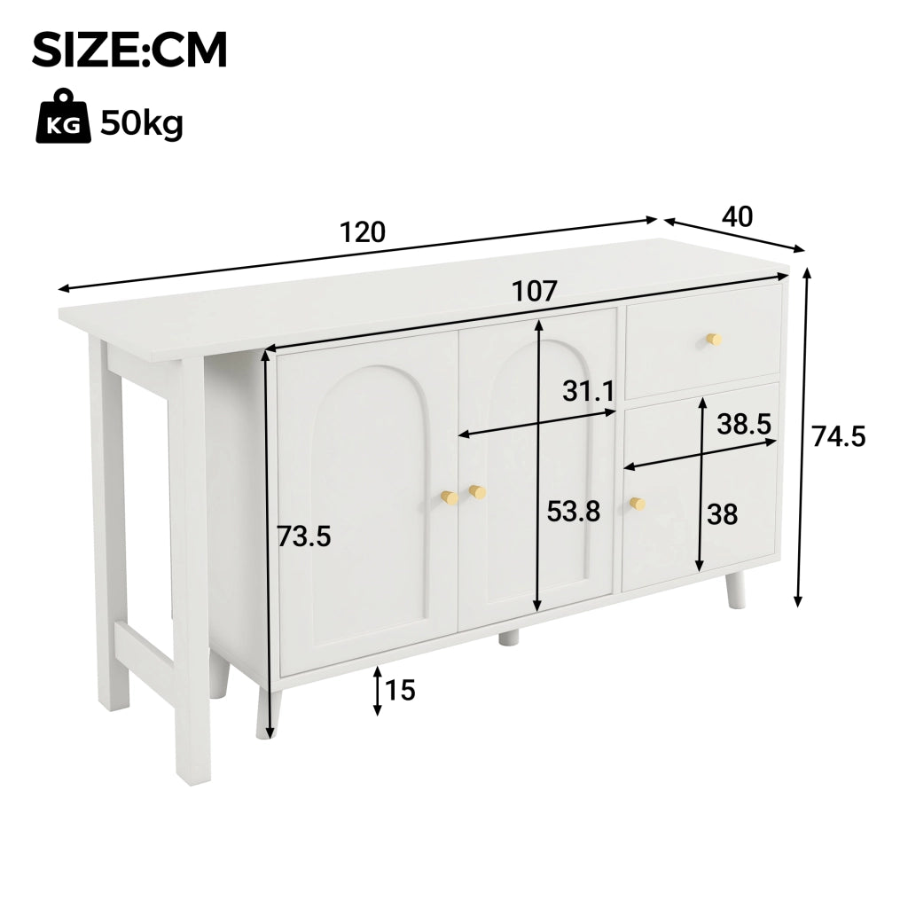 Scrivania multifunzione 2 in 1 con sideboard girevole 360°, 3 ante e 1 cassetto, colore bianco