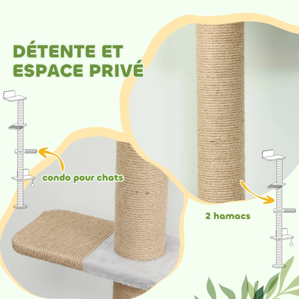 Mensole da Parete per Gatti ¨C Xylo ¨C 180cm con Piattaforme, Tiragraffi in Juta, Grigio Chiaro