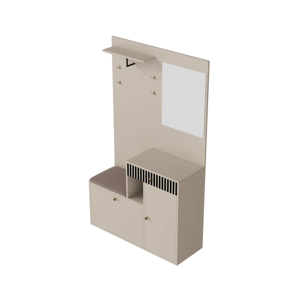 Mobile Ingresso con Specchio; 2 Ante; 1 Cassetto e Ripiani Regolabili; Seduta Imbottita; in MDF; 110??37??185;5 cm; Beige