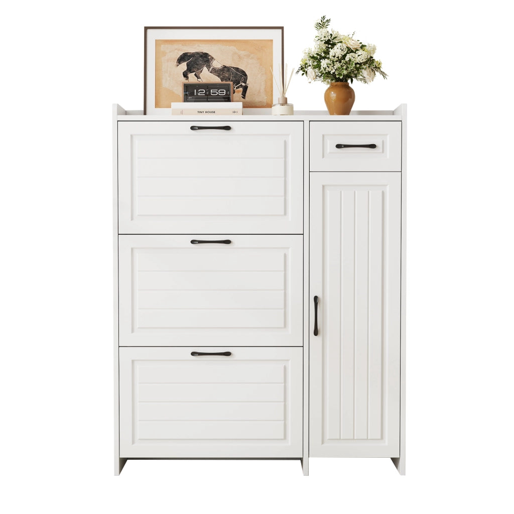 Scarpiera bianca con 3 ribalte, cassetto, vano laterale e ripiani regolabili, 92x24x121 cm