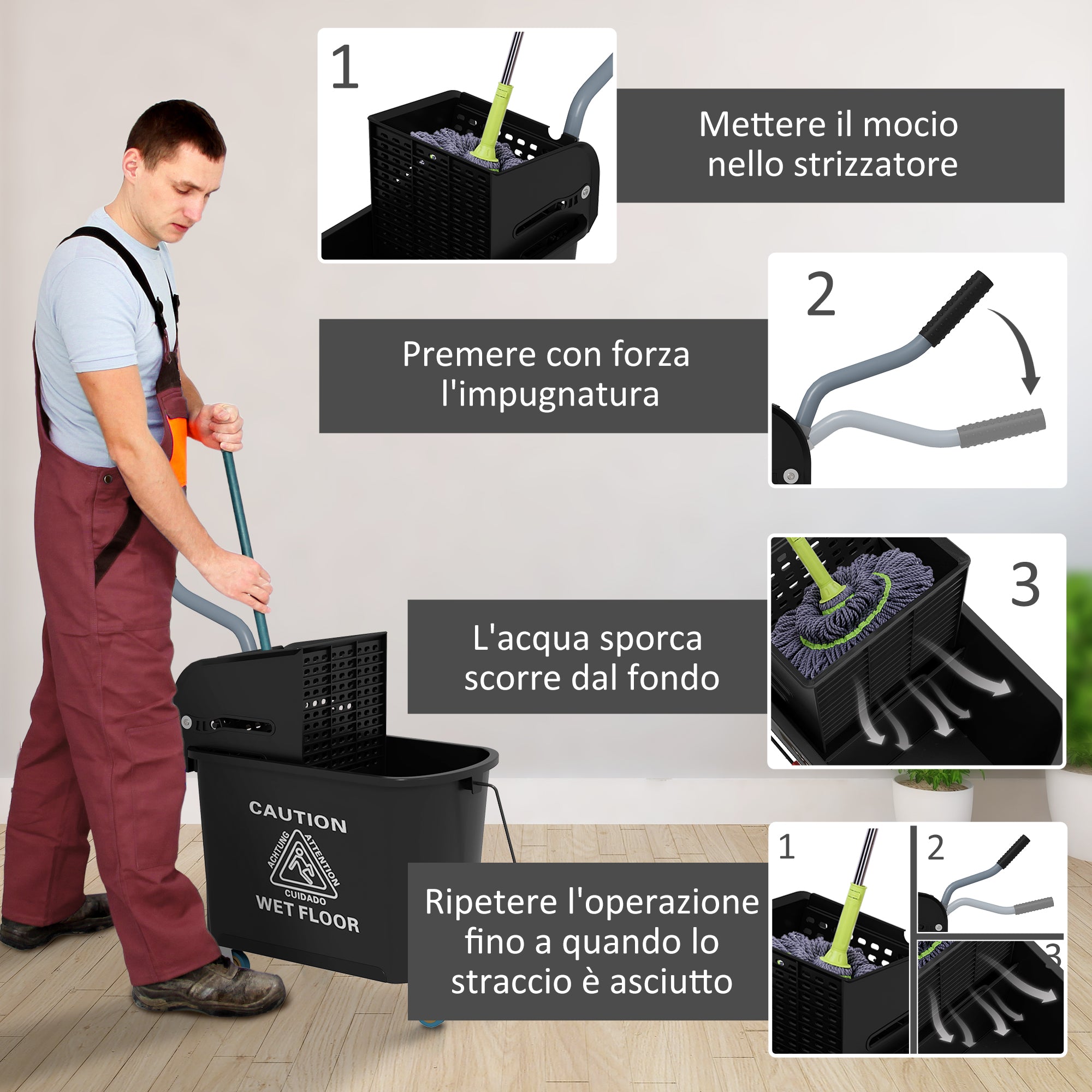 Carrello Pulizie con Secchio da 20 L e Strizzatore 60x27x70.5 cm Nero
