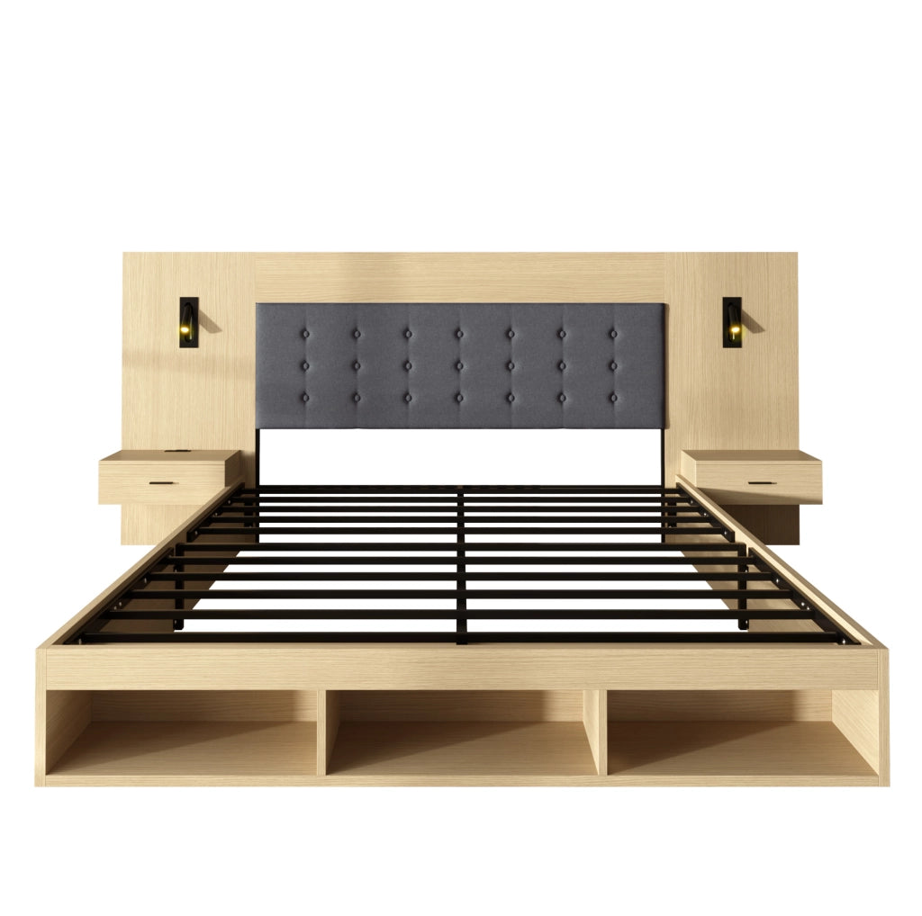 Letto contenitore 160x200 cm senza materasso; in MDF; rovere chiaro; con USB Type-C; lampada e 2 comodini