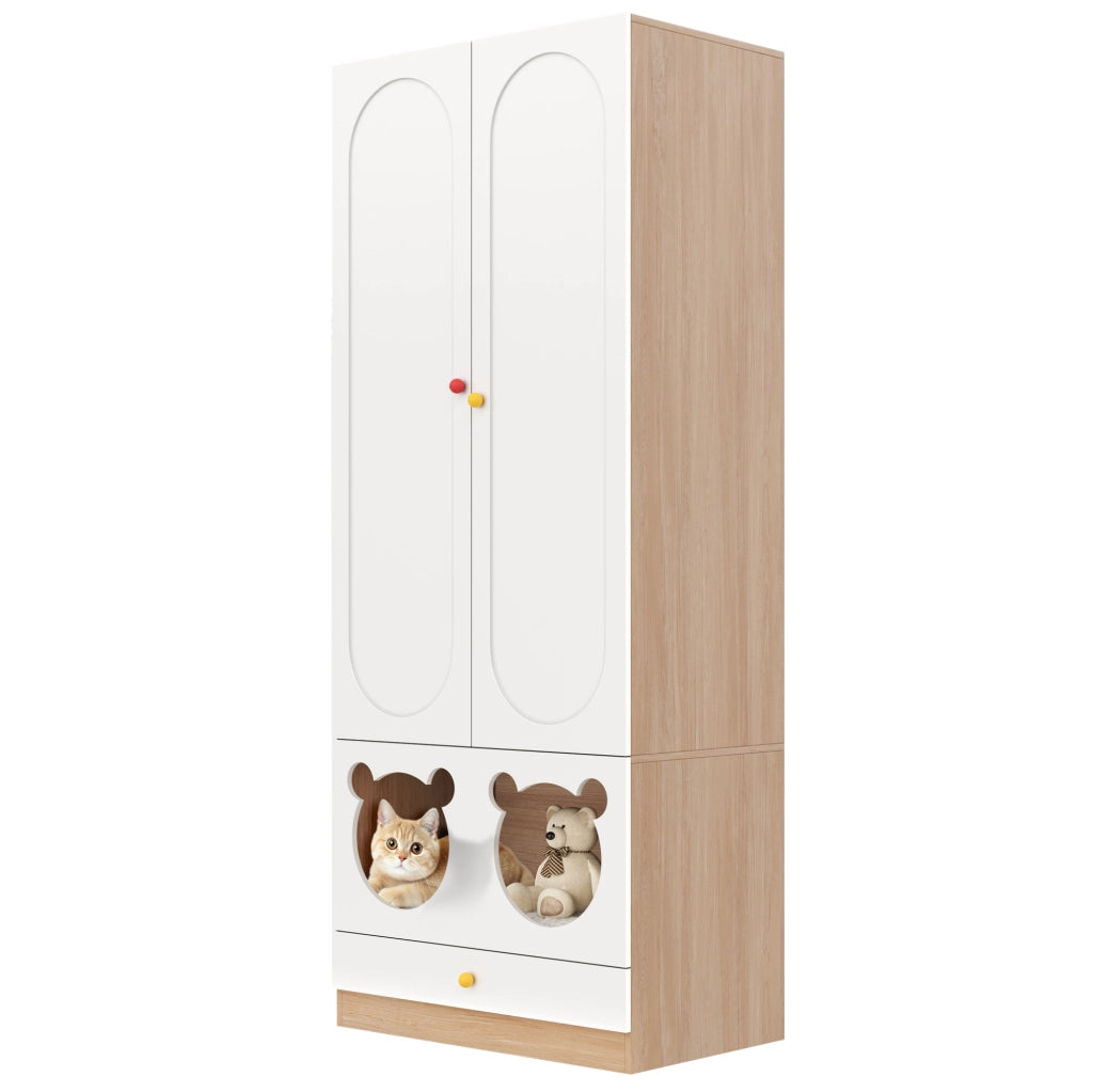 Armadio per cameretta con appendiabiti e cassetti in MDF colore naturale e bianco