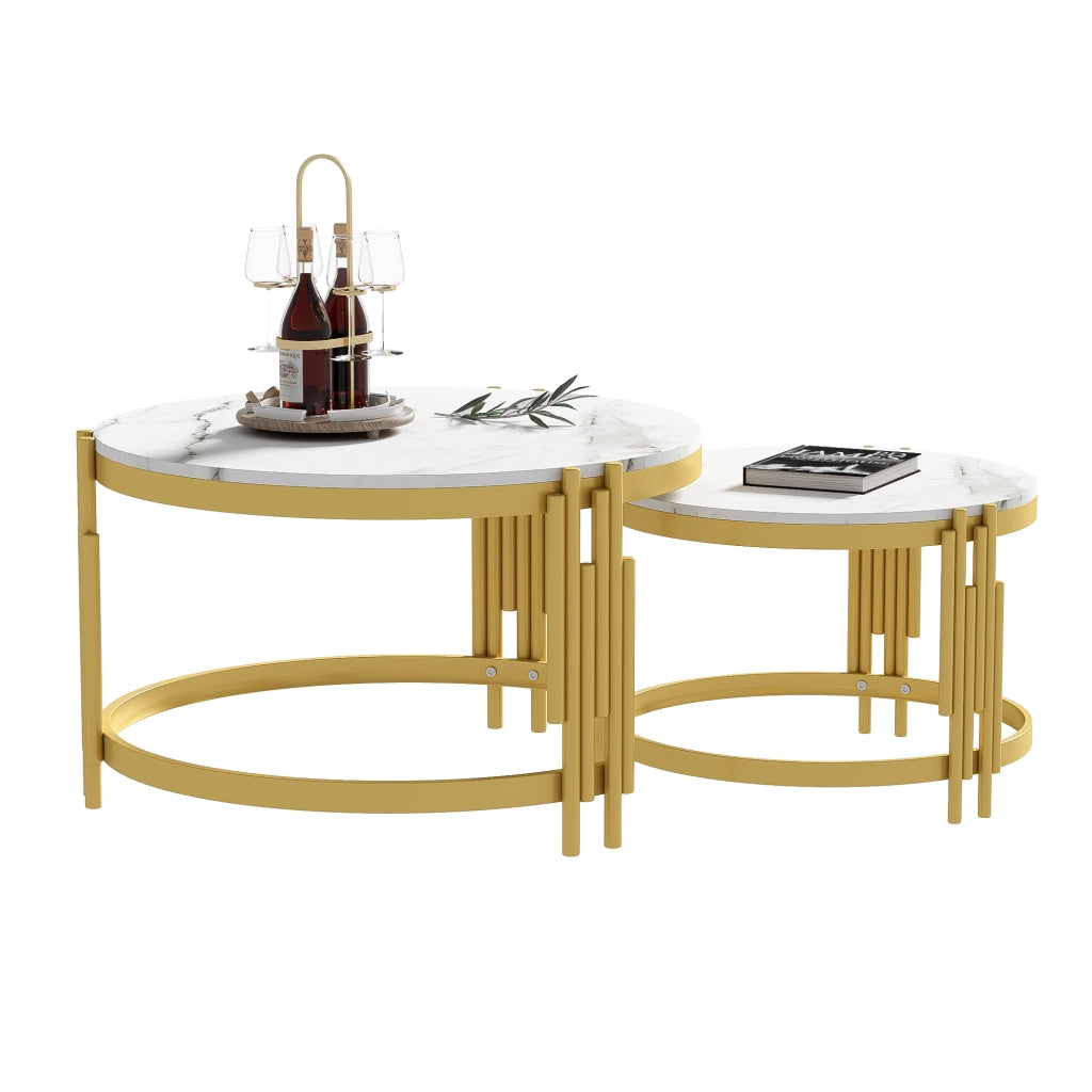Set di tavolini da salotto 71.5x71.5x44 cm; impilabile; effetto marmo; MDF e metallo; ottone antico e bianco