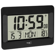 TFA Dostmann 60.4519.01 Orologio da Parete Digitale Radiocontrollato Termometro Sveglia Giorno Settimana 8 Lingue colore Nero