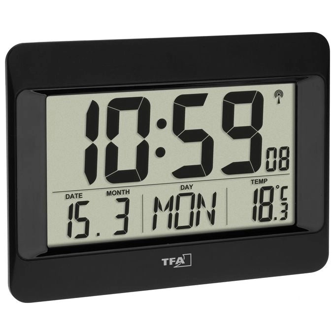 TFA Dostmann 60.4519.01 Orologio da Parete Digitale Radiocontrollato Termometro Sveglia Giorno Settimana 8 Lingue colore Nero