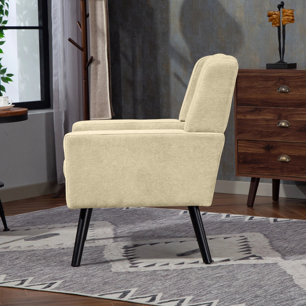 POLTRONA Imbottita in lino beige con gambe in legno massello