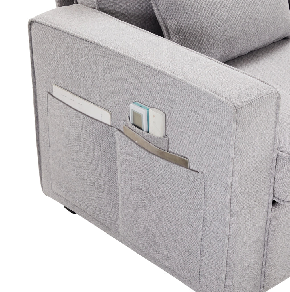 Divano 4 posti 264x83x87 cm con tasche portaoggetti e 4 cuscini in lino grigio