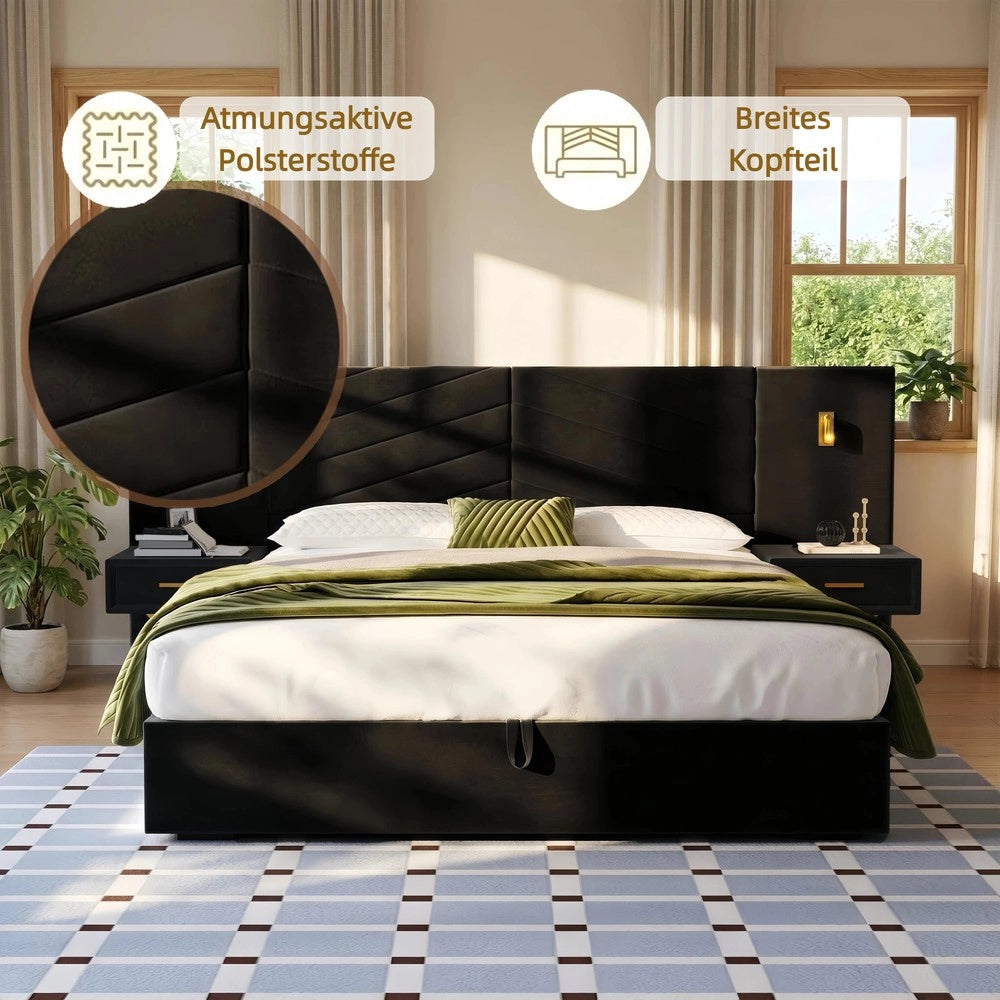 Letto Contenitore Imbottito con LED ¨C MINIMAL ¨C Velluto, 266x205x117 cm