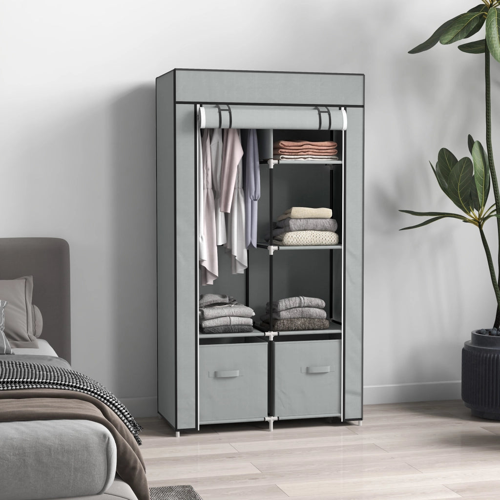 Armadio portatile in tessuto grigio chiaro con 5 ripiani, asta appendiabiti e chiusura a zip