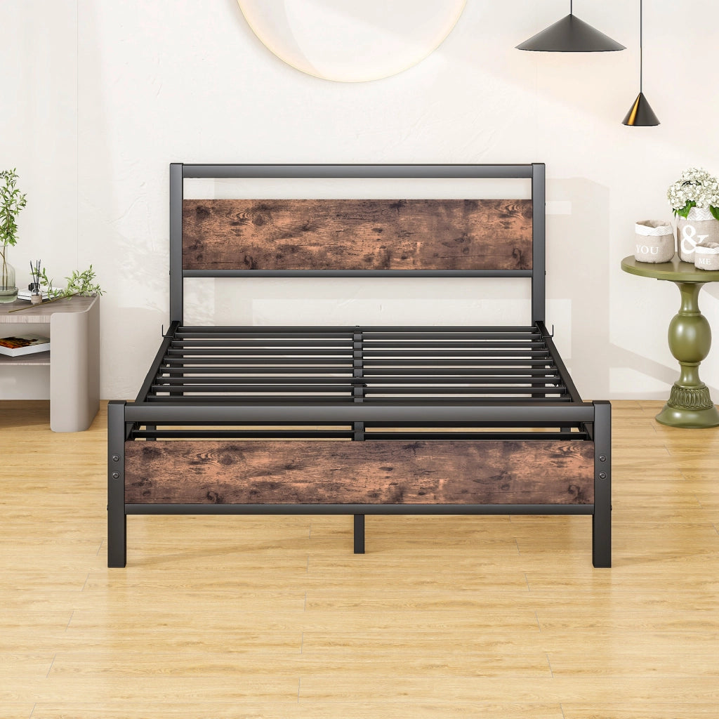 LETTO 140x190 cm in MDF e Metallo con rete a doghe, stile industriale, marrone