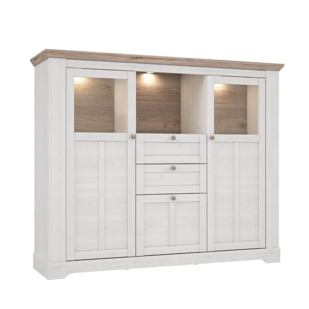 Credenza Forma 3 Ante con Vetro Temperato e Luci LED Rovere Bianco Neve e Olmo Scuro – Design Luminoso