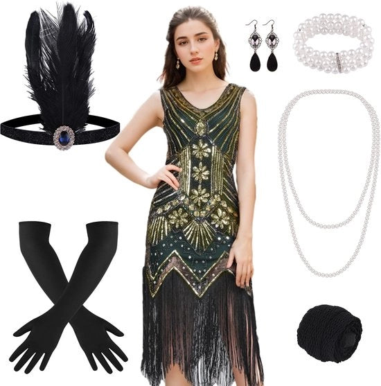 Costume da sera anni '20 con frange e pailletti - Abito da Gatsby - Moda donna - Varie misure - Inclusi accessori