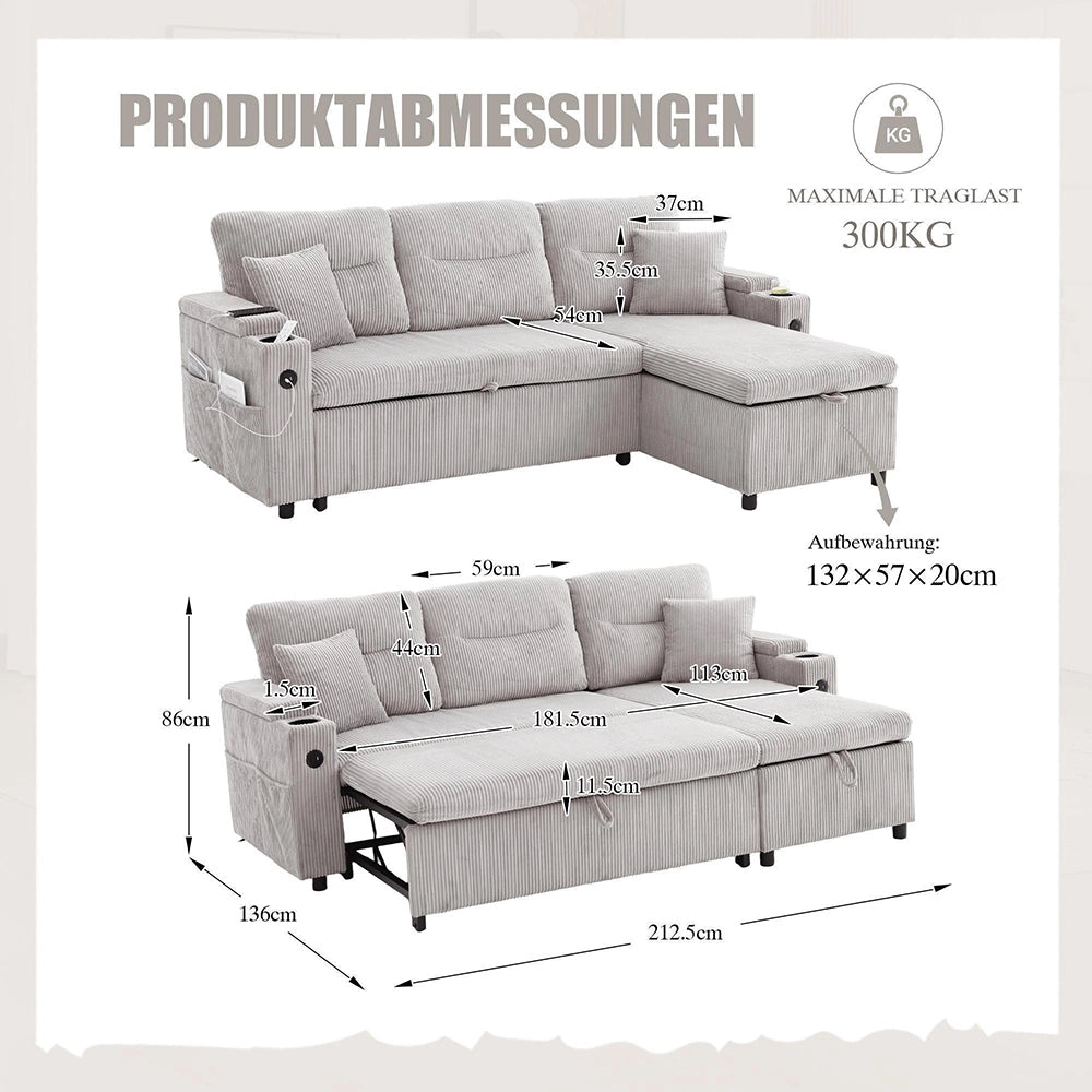 Divano moderno 3 posti - Xylo - Velluto costolato, spazio di archiviazione, porta bevande, USB-C, chaise longue idraulica, letto a cassetto