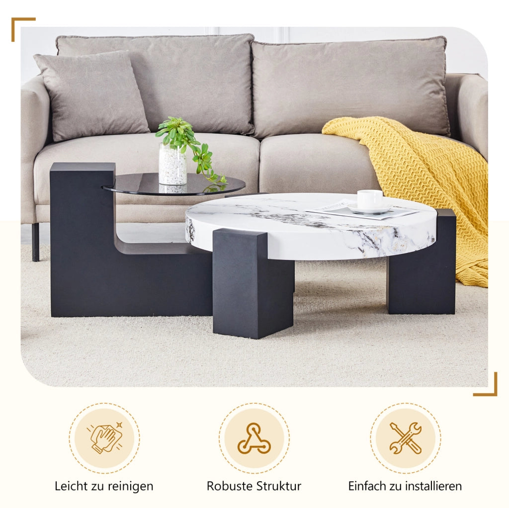 Set 2 tavolini rotondi MDF e vetro effetto marmo bianco e nero 61x30 cm e 44x44 cm