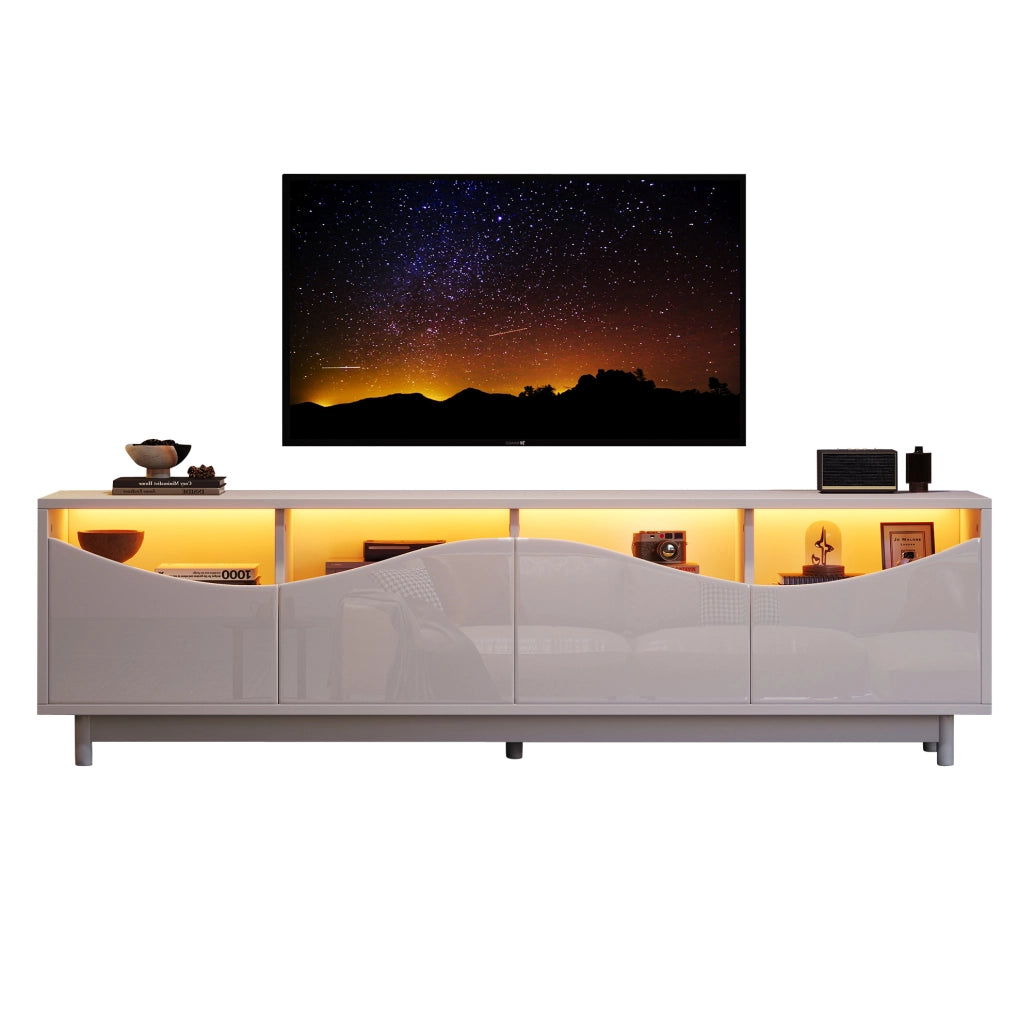 Mobile TV curvo 175x38x51 cm in MDF bianco lucido con LED e vetro temperato