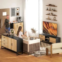 Credenza Moderna con 3 Armadietti e 2 Cassetti, in Truciolato e Acciaio, 80x35x88 cm, Nero e color Legno