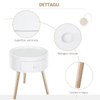 Tavolino da Salotto Moderno in Legno, Tavolino Rotondo con Cassetto, Tavolino da Caffè per Soggiorno e Camera, Bianco