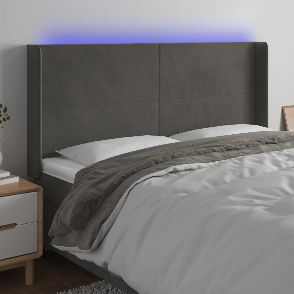 Testiera a LED-Testata con LED Grigio Scuro 203x16x118/128cm in Velluto 748015