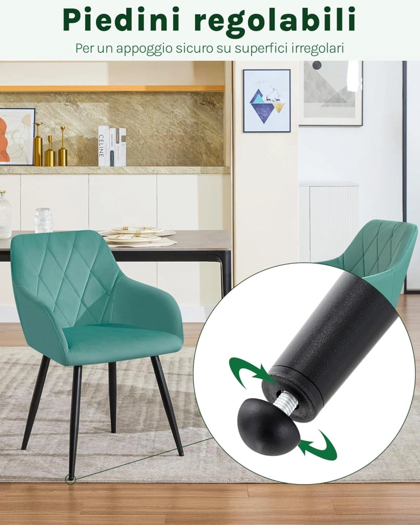 Set di 4 Sedie per Sala da Pranzo Imbottita, Poltroncina in Velluto,Sedia da Cucina con Braccioli e Schienale, Gambe in Metallo, Azzurro, BH352ts-4