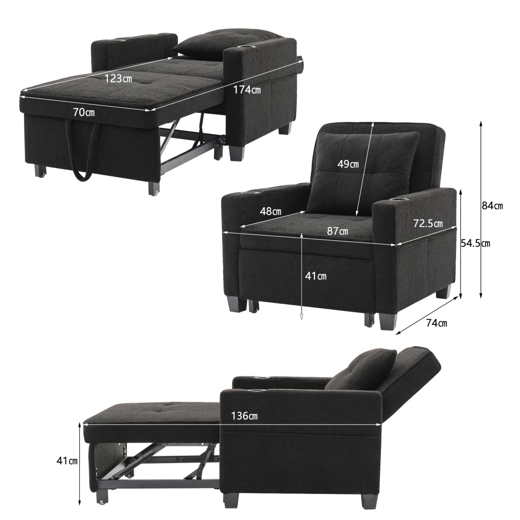 Fauteuil convertibile 3 in 1 con schienale regolabile, porta bicchieri, porta USB e tasca laterale nero 74 × 87 × 84 cm