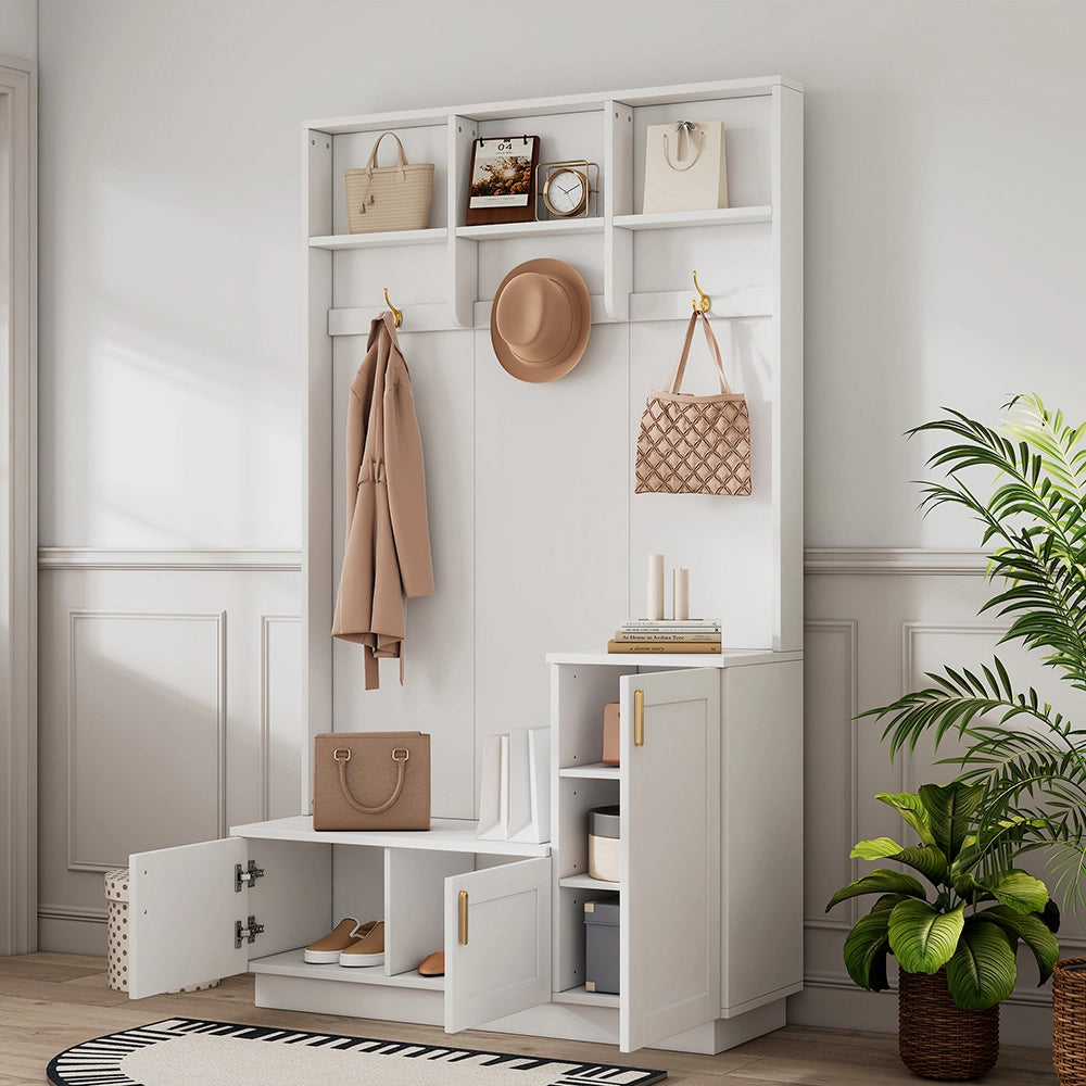 Vestiaire con panchina e ripiani - Xylo - H200xL120xP40cm - Bianco - Multifunzionale con 3 ganci