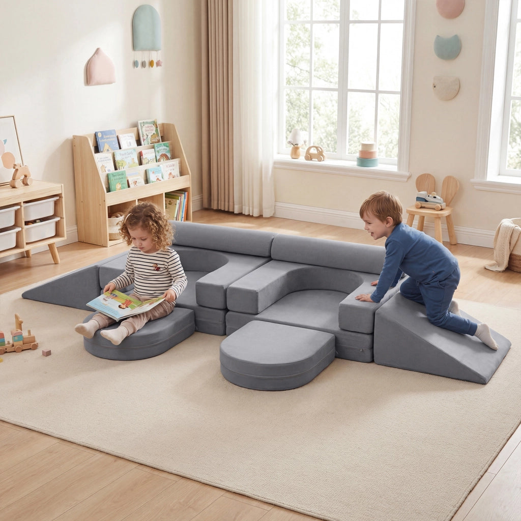 Divano da gioco per bambini trasformabile tessuto suede e schiuma ad alta elasticit¨¤, Poltrona modulare a 10 pezzi Grigio
