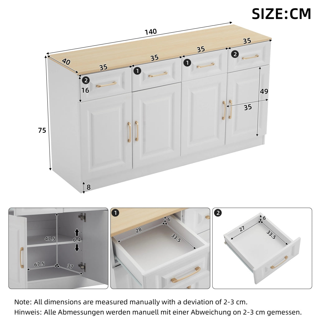 Credenza con 4 ante; 4 cassetti e ripiani regolabili - per cucina - in truciolare - 140×40×75 cm - bianco e rovere