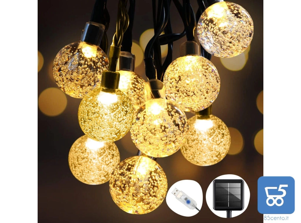 Strip LED Luci Solari e USB da Giardino 8 m 50 LED Impermeabili 8 modalità per Feste Natale Compleanni Luce Bianco Caldo