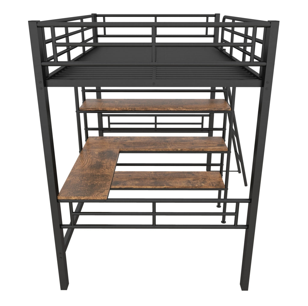 Letto a soppalco 90x200 cm nero in metallo con scrivania, scaffali e scala
