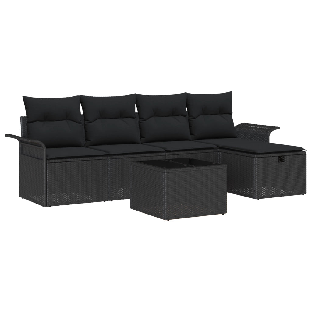 Set da Giardino  6 Pezzi con Cuscini Rattan Poliestere Nero
