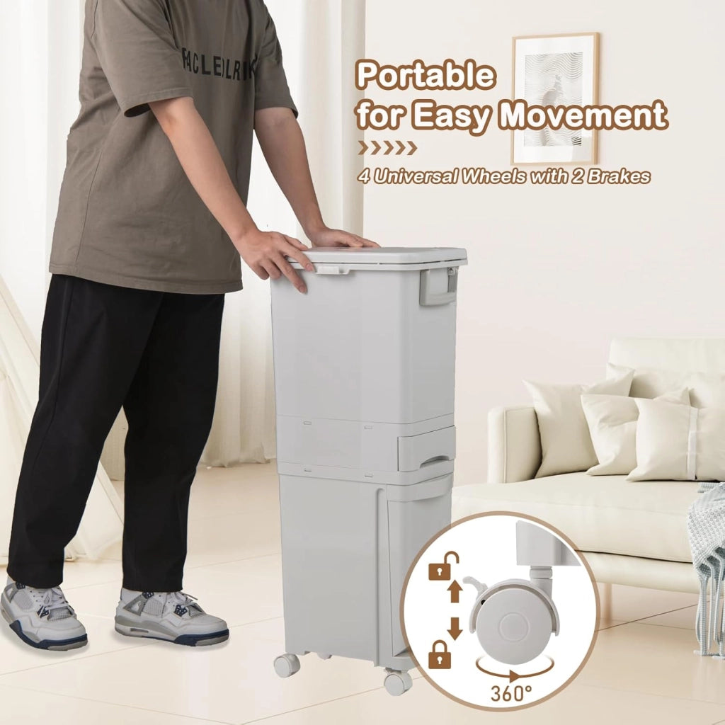 Pattumiera Tri Selectif da 32L per Cucina, 3-in-1 con 2 Contenitori Estraibili, Cassetti, Pedale e Ruote, Include Adesivi per Raccolta Rifiuti (Bianco)