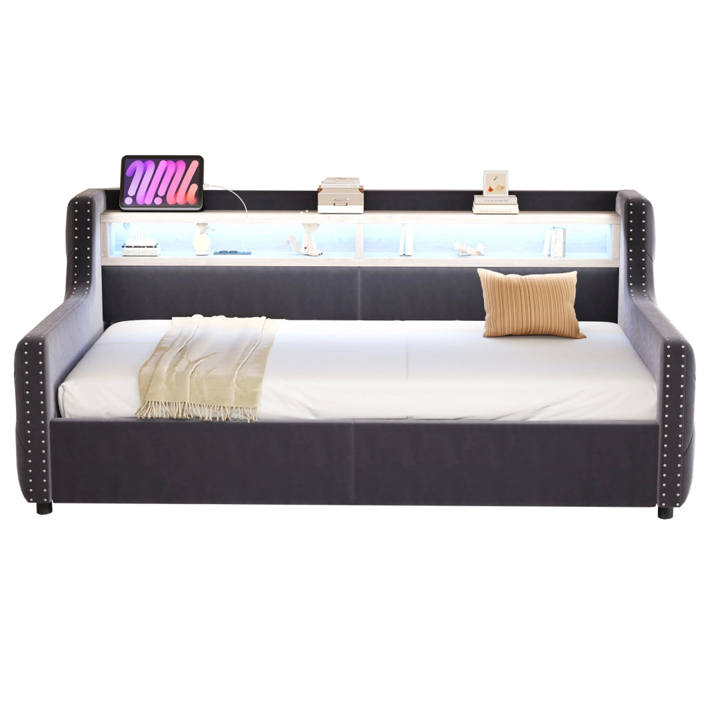 DESMIU Letto contenitore 90 × 200 cm 1 piazza con LED, presa, USB e Type-C, senza materasso, in velluto, grigio