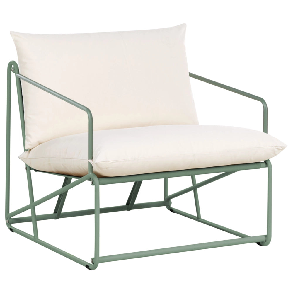 Set composto da divano basso oversize e 2 sedie in metallo con cuscini per schienale e seduta da interno ed esterno verde stile moderno e rustico