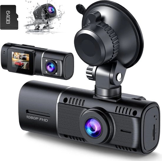 Dual Dashcam - Registra Immagini Anteriore e Posteriore dell'Auto - Salvataggio della Documentazione di Assicurazione Automatico - 1080P Camera - Full HD - Con Carta SD
