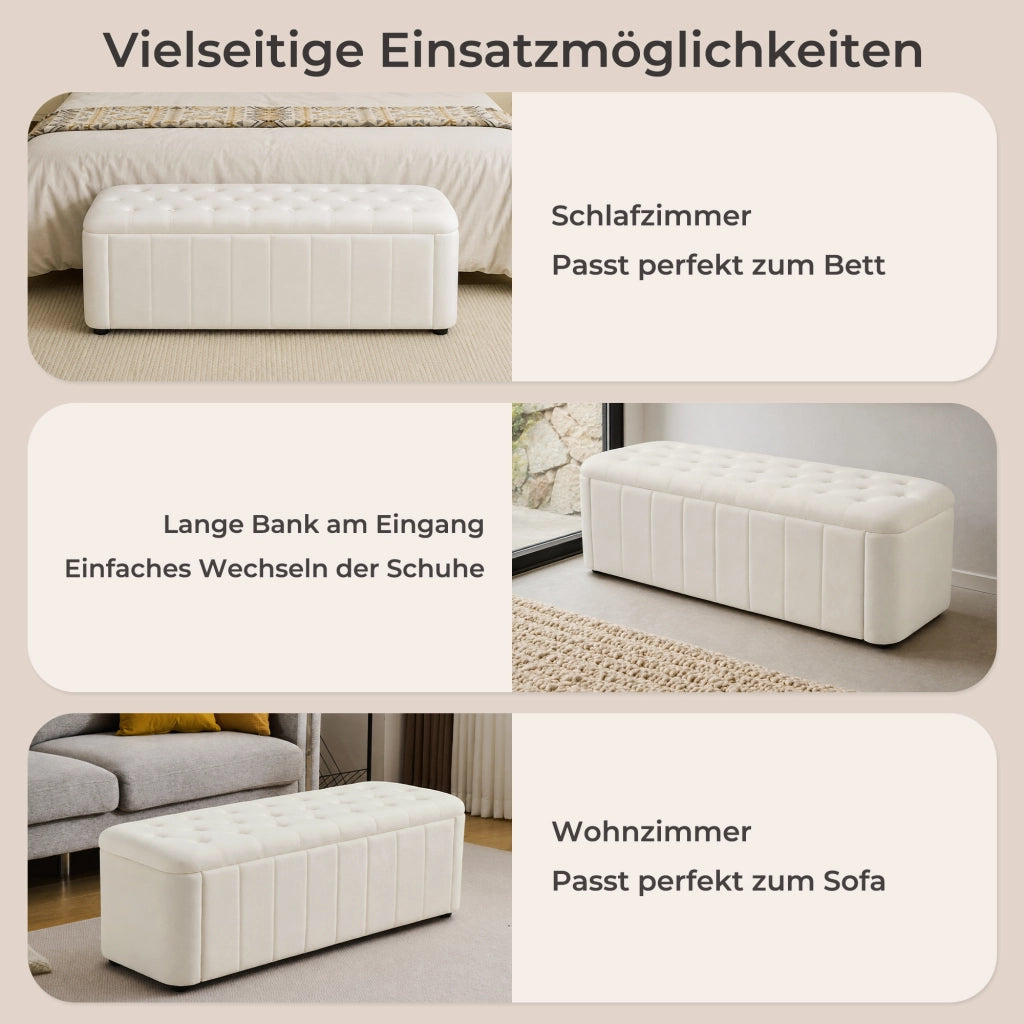 Panca contenitore in velluto con angoli arrotondati e seduta imbottita per soggiorno e ingresso beige 132 × 47 × 24 cm