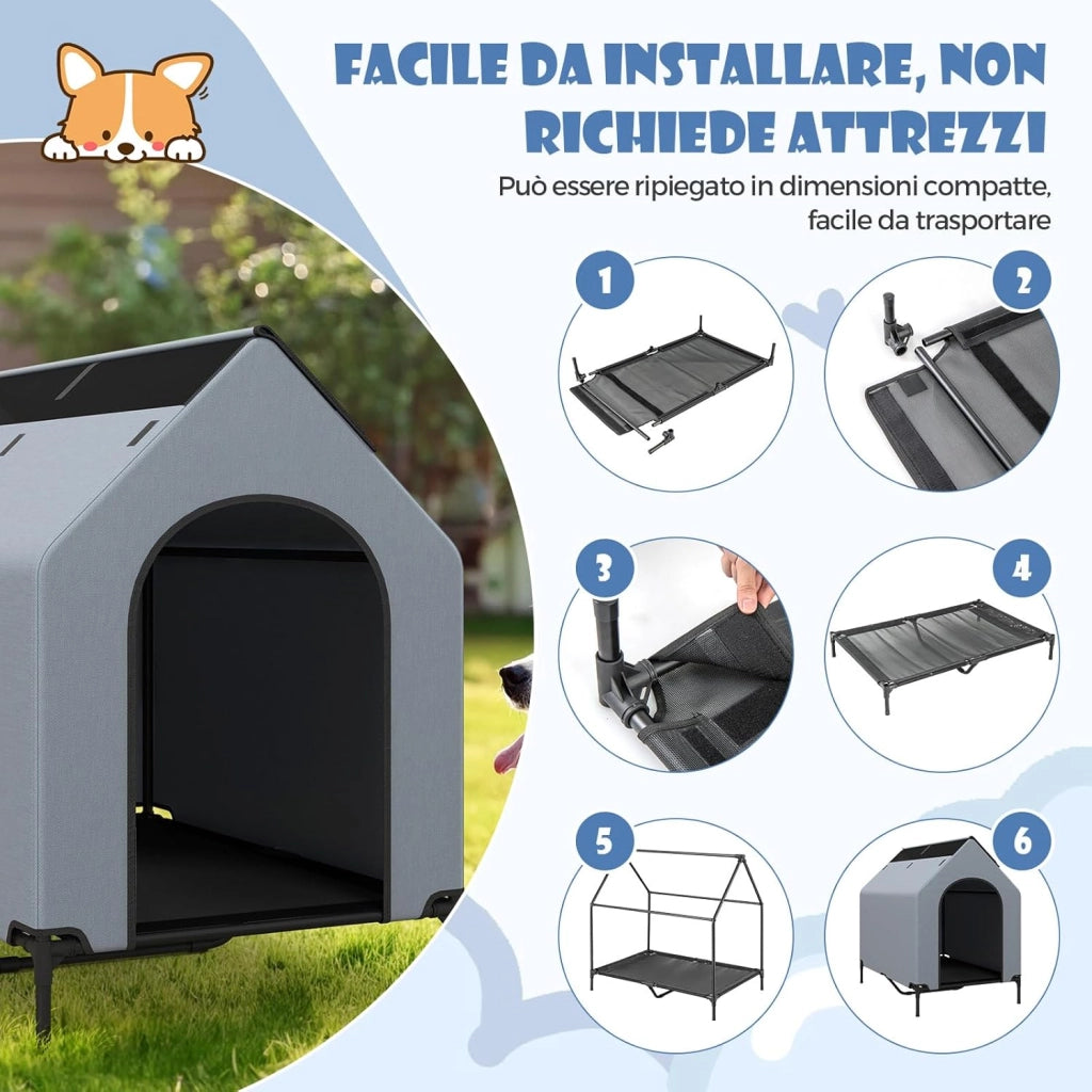 Casetta per Cani, Letto Rialzato per Cani con Copertura Rimovibile ed Impermeabile e Finestre Ventilate, Cuccia Cane Esterno ed Interno Taglia Piccola/Media/Grande (75 x 110 x 106 cm)