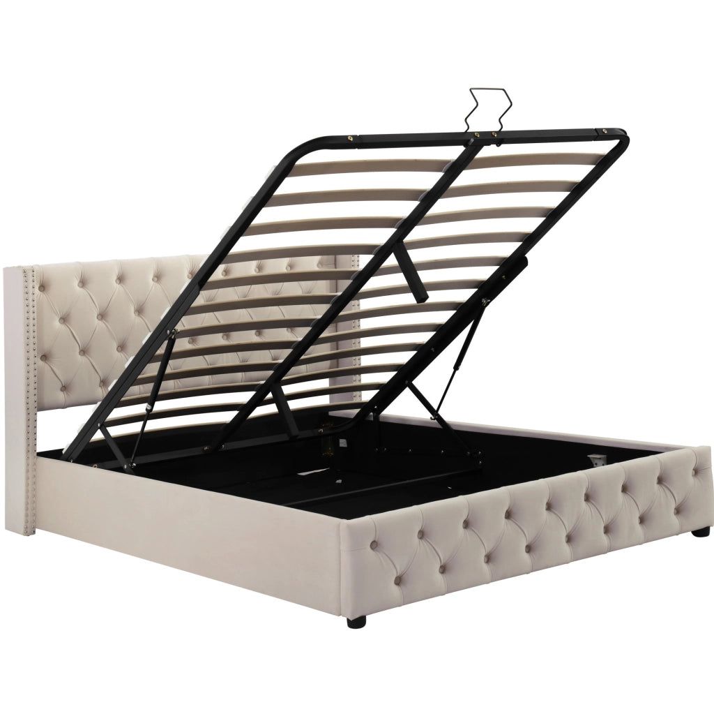 Letto matrimoniale imbottito stile Chesterfield 140x200 cm in velluto beige con contenitore