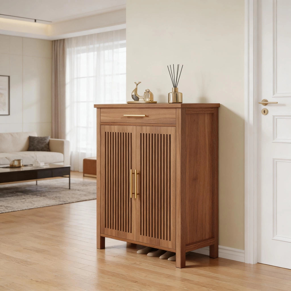Scarpiera con 2 ante a lamelle, 1 cassetto e 5 ripiani, per ingresso, in MDF e metallo, marrone, 119,5 × 44 × 26 cm