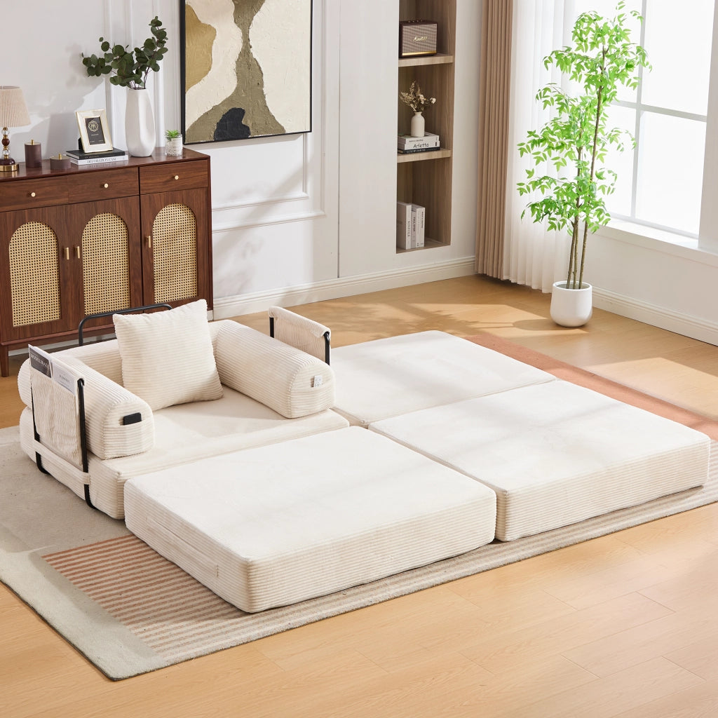 Fauteuil con pouf modulare in velluto a coste con tasca laterale e cuscino beige per soggiorno 112 × 190 × 67 cm