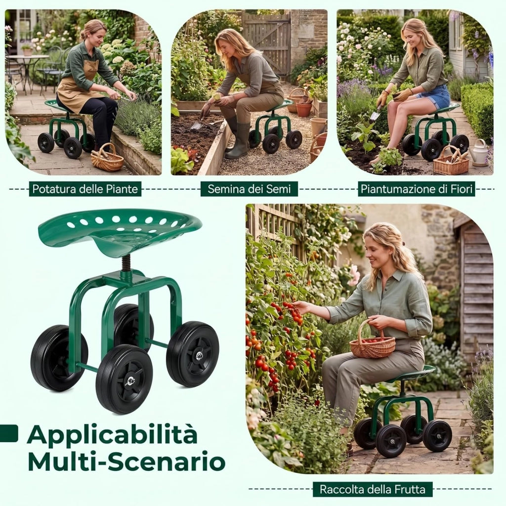 Sgabello con Ruote per Giardinaggio, Sedile con Ruote Regolabile in Altezza e Portatile, Seggiolino da Giardino, Prato e Cortile, Portata 150kg (Verde)
