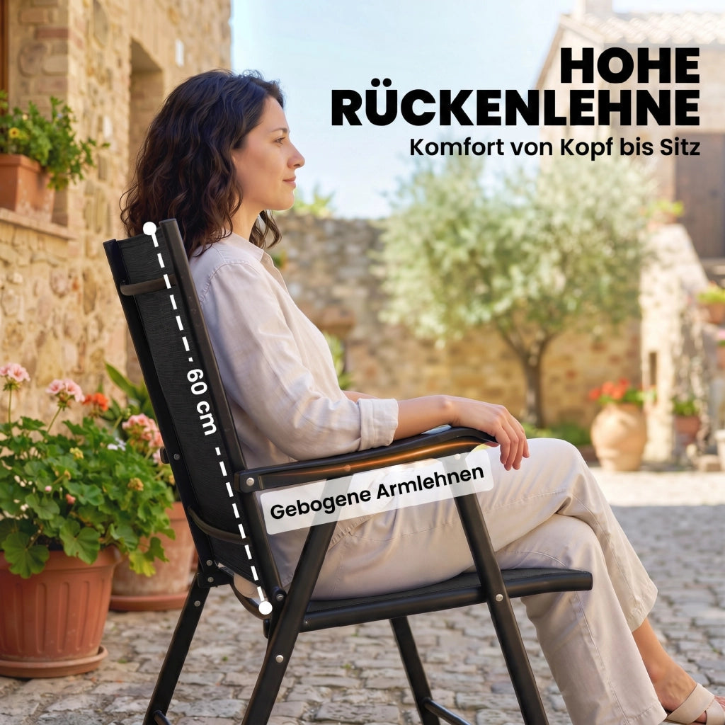 Sedia da giardino pieghevole con braccioli e schienale alto ¨C zephmum ¨C struttura in metallo, rivestimento in tessuto, 58x62x97 cm, nero