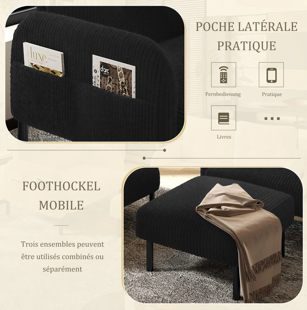 Set divano 2 posti; poltrona e pouf in velluto a coste nero con tasca laterale