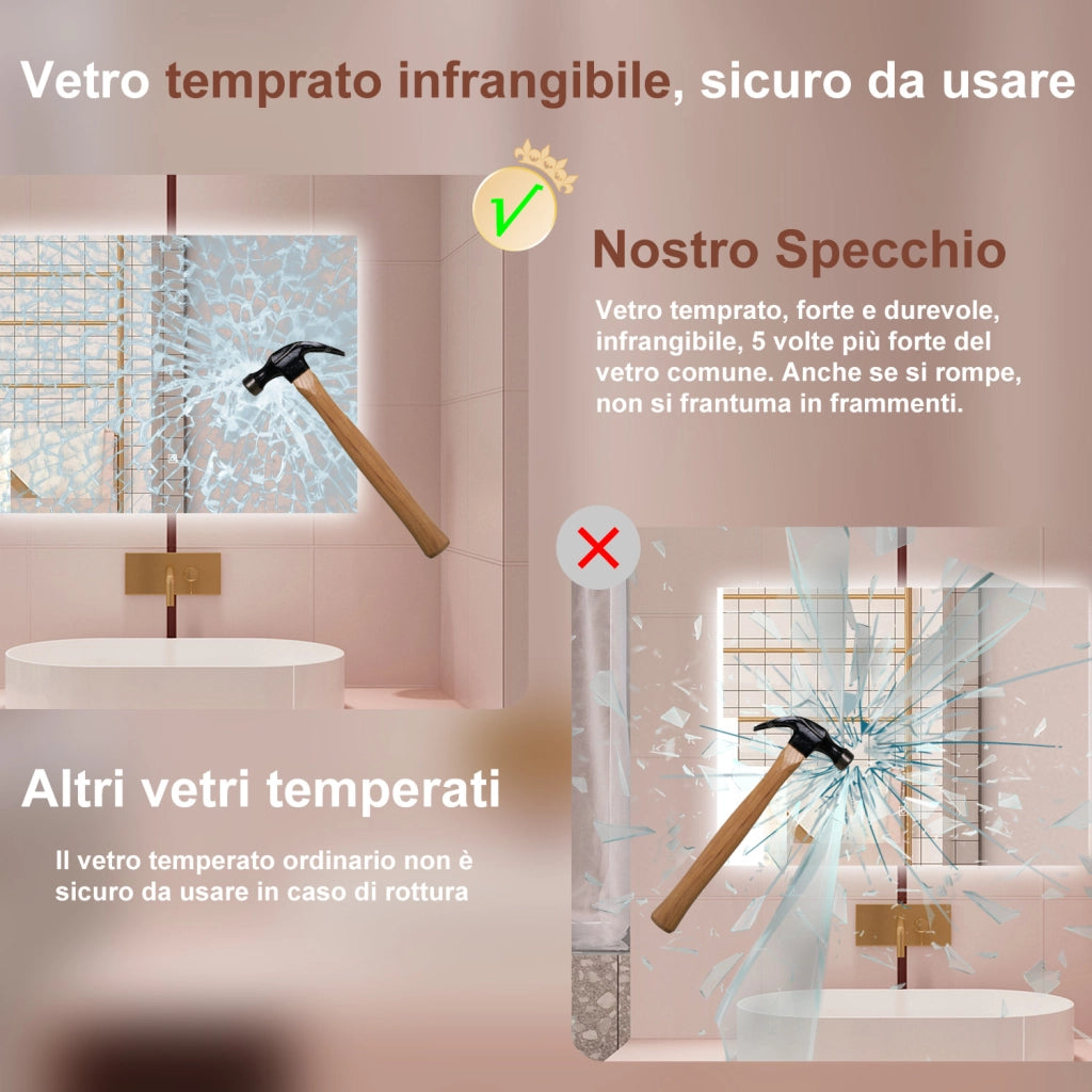 AICA Specchio da bagno 100 x 60 cm, antiappannamento, dimmerabile, interruttore touch, Funzione Memoria