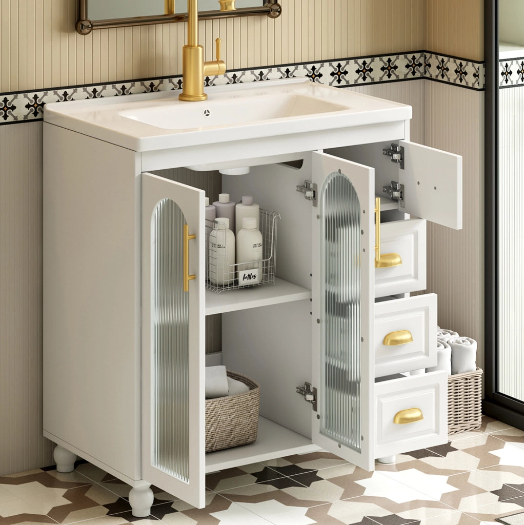 Mobile bagno bianco 80 cm con lavabo in ceramica e doppio vano